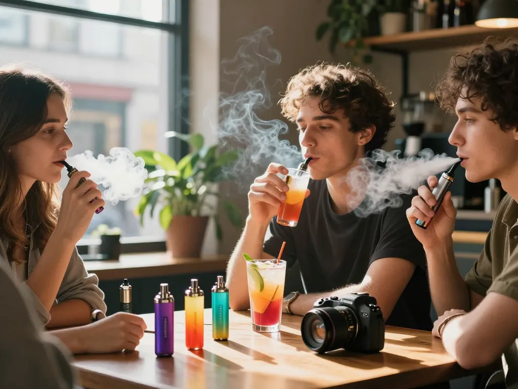 Genießen des Al Fakher 30K Vapes in einem modernen Café-Setting mit Freunden.