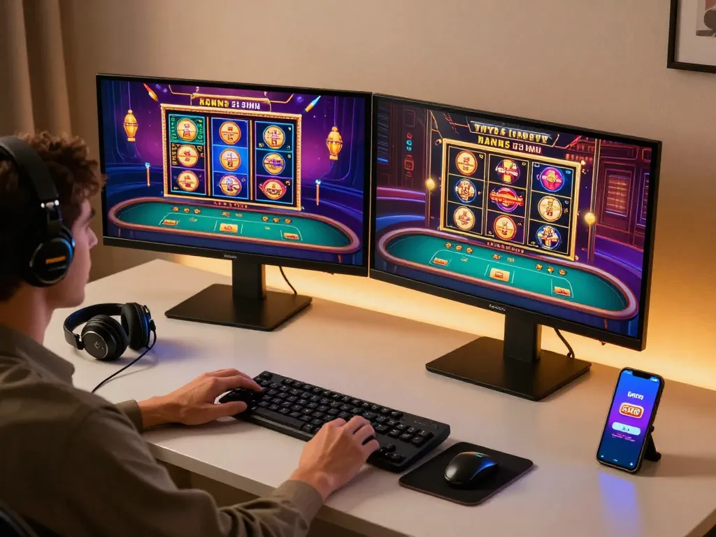 Engaging online gaming scene illustrating a player using the go8 pro app on a desktop setup for strategic casino gaming
