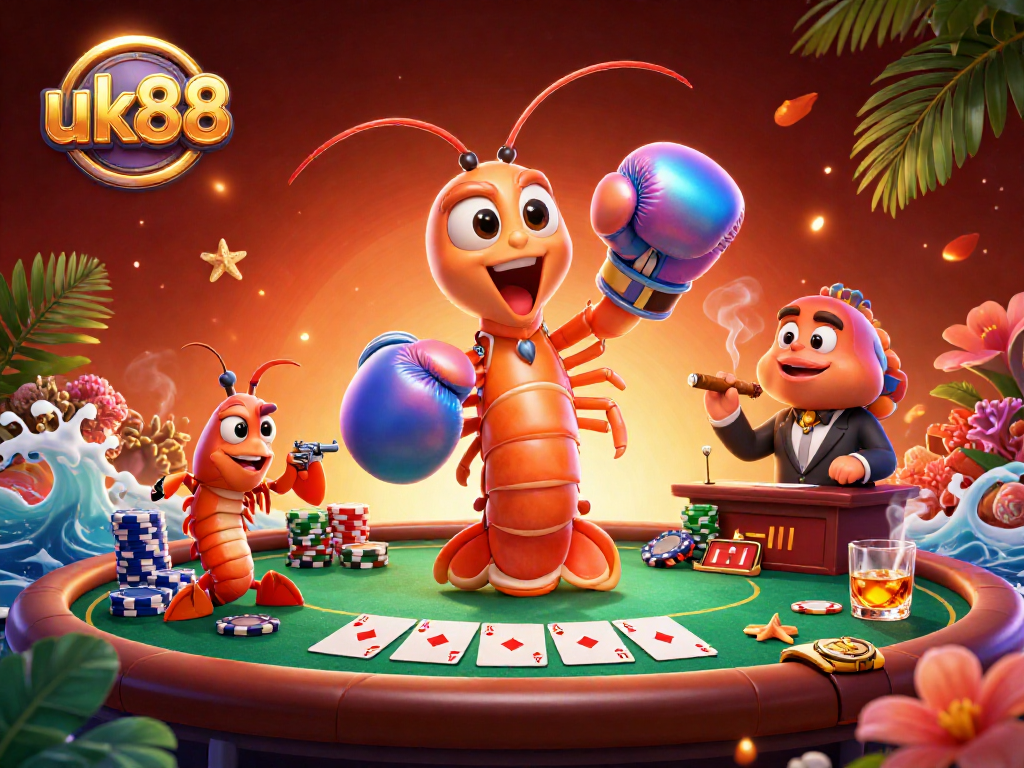 Witness the excitement with uk88's dynamic poker showdown featuring colorful chips and enthusiastic characters.