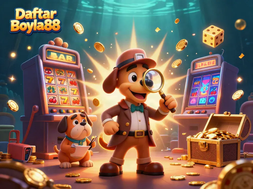 Engage in thrilling gameplay with Daftar Bola88, featuring a playful detective scene amidst casino excitement.