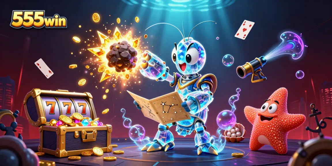 Experience the excitement of gaming at 555win, featuring dynamic slot reels and a colorful underwater scene.