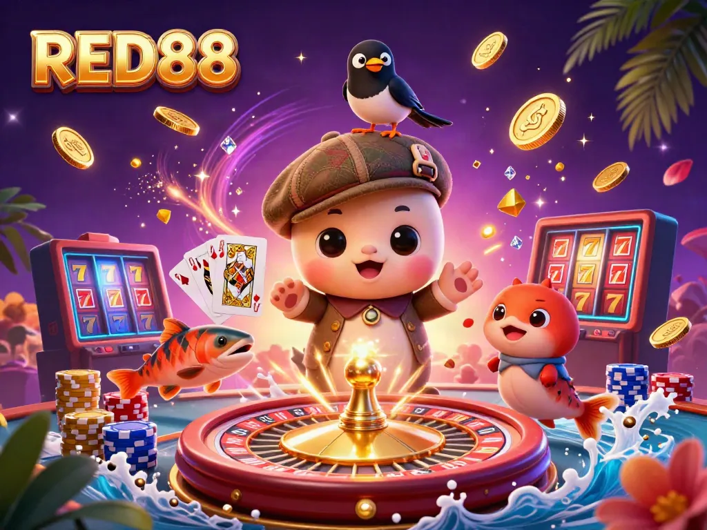Experience the excitement of RED88 with a playful scene featuring a cartoon Loch Ness monster, casino elements, and vibrant colors.