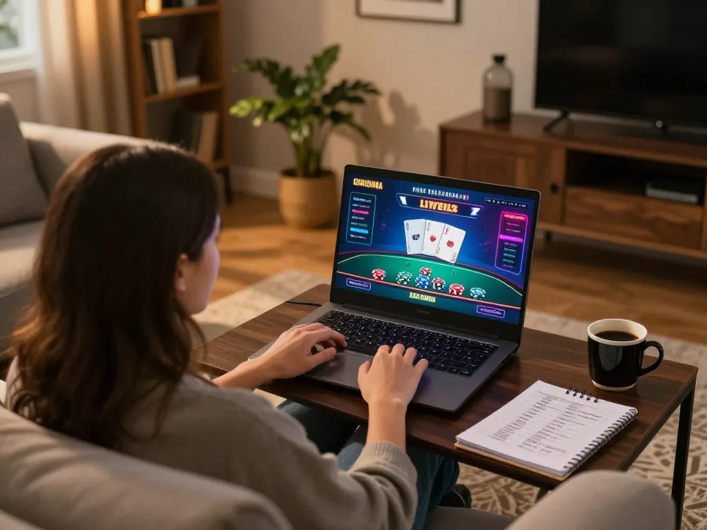 Engaging in live dealer games with nhà cái go8 on a laptop in a cozy home setup
