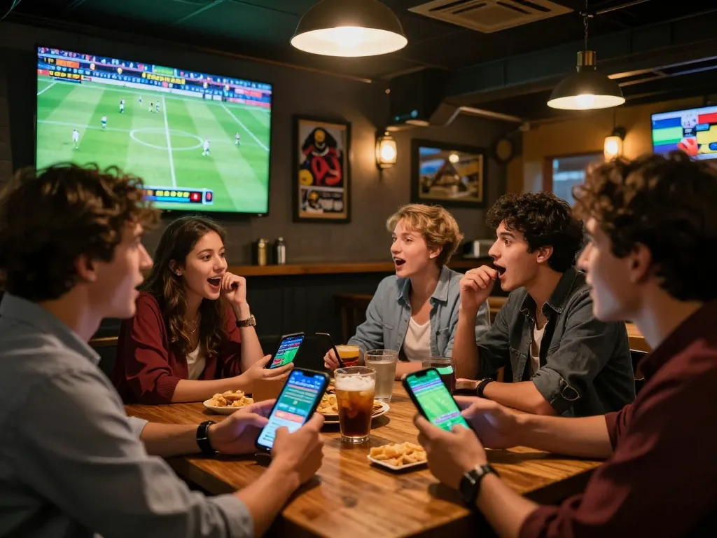 Friends enjoying live sports betting at DA88, analyzing odds and strategies during the game.