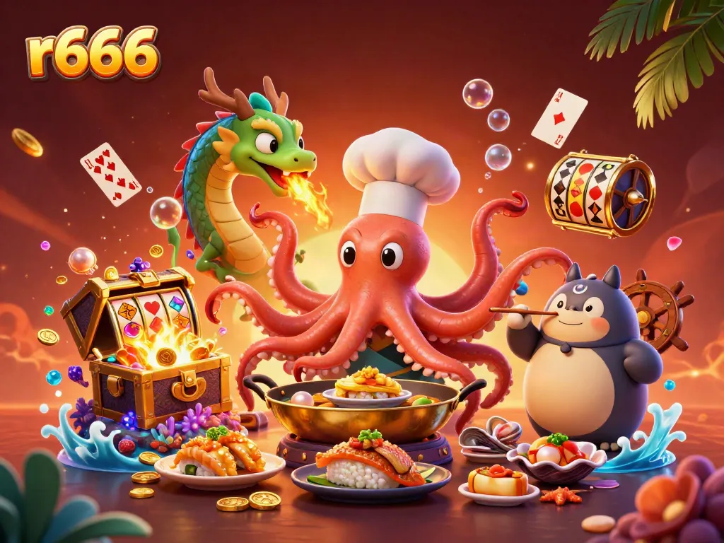 Engaging r666 casino scene with octopus chef and dragon at a vibrant slots table