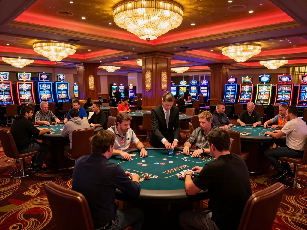 Players enjoying strategic gameplay at GG88 COM, featuring vibrant casino atmosphere with poker tables and dealer action