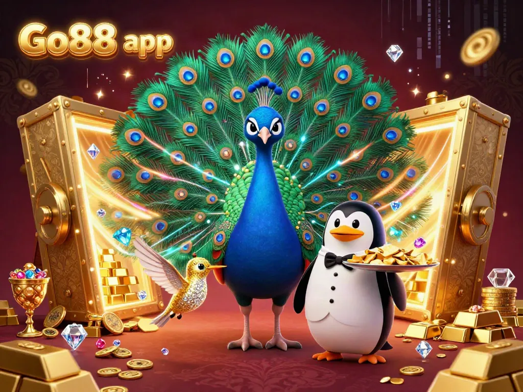 Experience the thrilling Go88 app with rich casino features and vibrant characters in a dynamic illustration.
