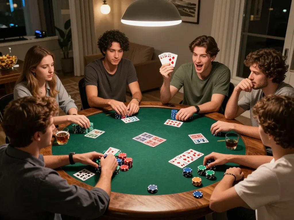 FLY88 players celebrating a winning hand during a friendly poker night at home.