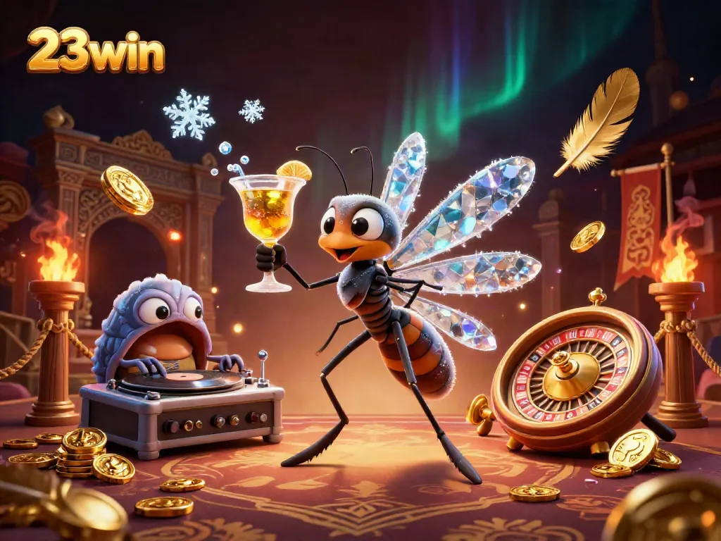 Visualize 23win casino experience with vibrant characters and dynamic gaming elements surrounding a roulette wheel.