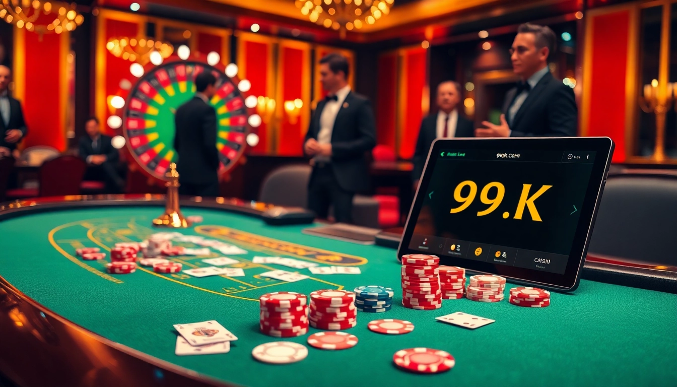 Exciting casino scene showcasing 99ok.co.im with blackjack table and roulette wheel.