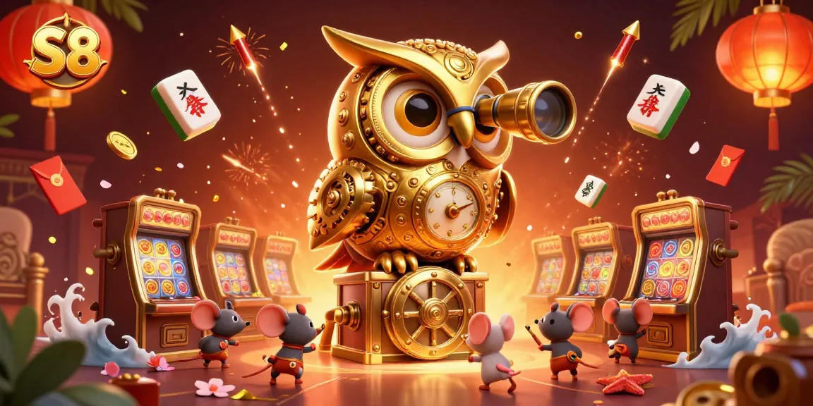 Experience the S8 casino environment filled with a clockwork owl and vibrant gaming elements.