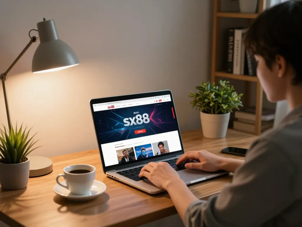 Engaging with nhà cái sx88 online gaming platform in a stylish home office setup.