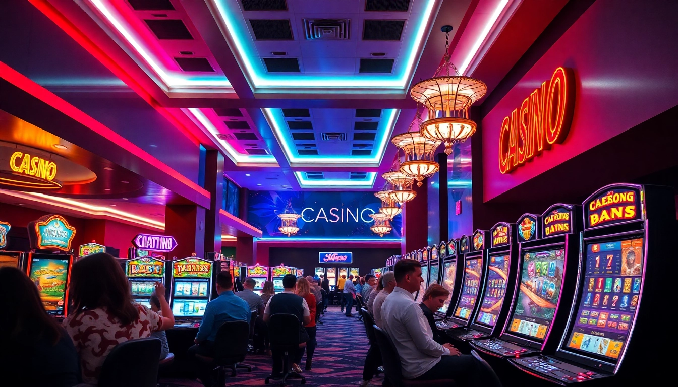 Erlebe aufregende Casino Bonus Aktionen mit lebhaften Spielern und glänzenden Spielautomaten im Hintergrund.