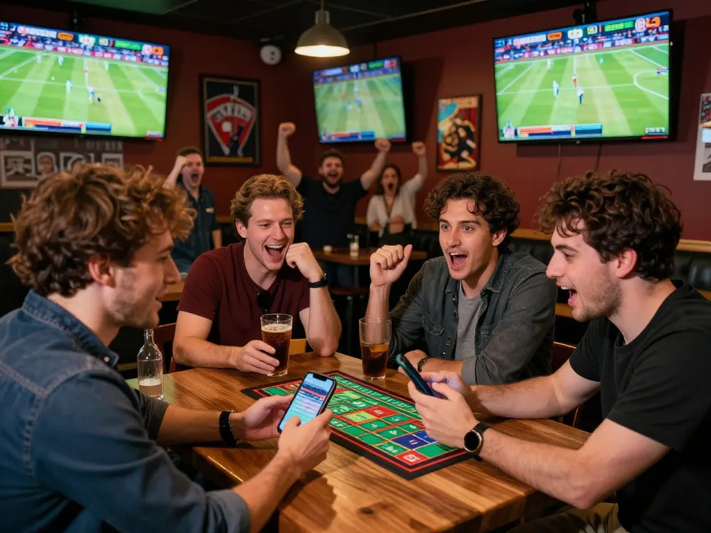Engaged friends placing bets at TV88 during a thrilling sports event, capturing the excitement of wagering.