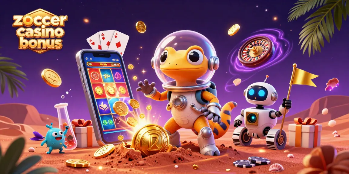 Zoccer casino bonus visuals come alive with a Martian gecko exploring a vibrant casino scene.