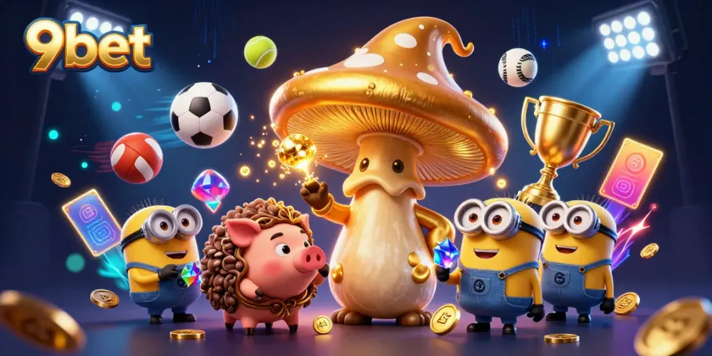 Experience the thrilling gaming magic of 9bet with a vibrant scene showcasing golden treasures and sports action.