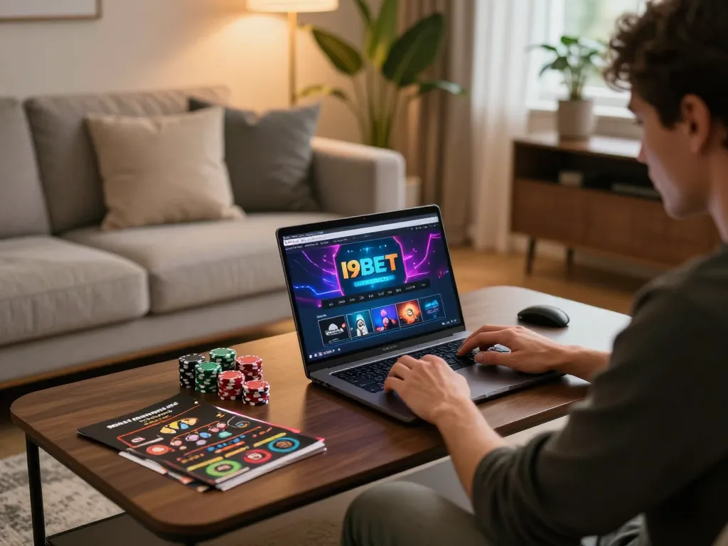 I9BET player engaged in online gaming with vibrant graphics and cozy room ambiance