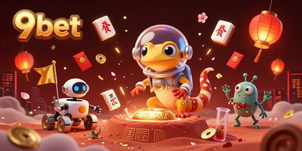 Experience the thrilling world of 9bet casino with Martian gecko exploring a golden dreamscape of games.