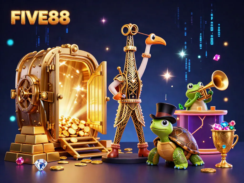 FIVE88 characters celebrating with gold treasure at an online casino speakeasy scene.