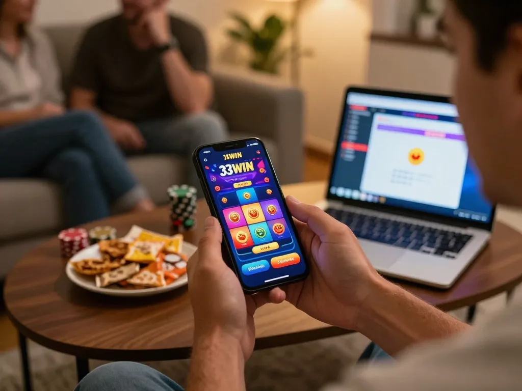 Engaged user playing 33WIN on mobile, surrounded by a lively gaming atmosphere, showcasing strategic online gambling