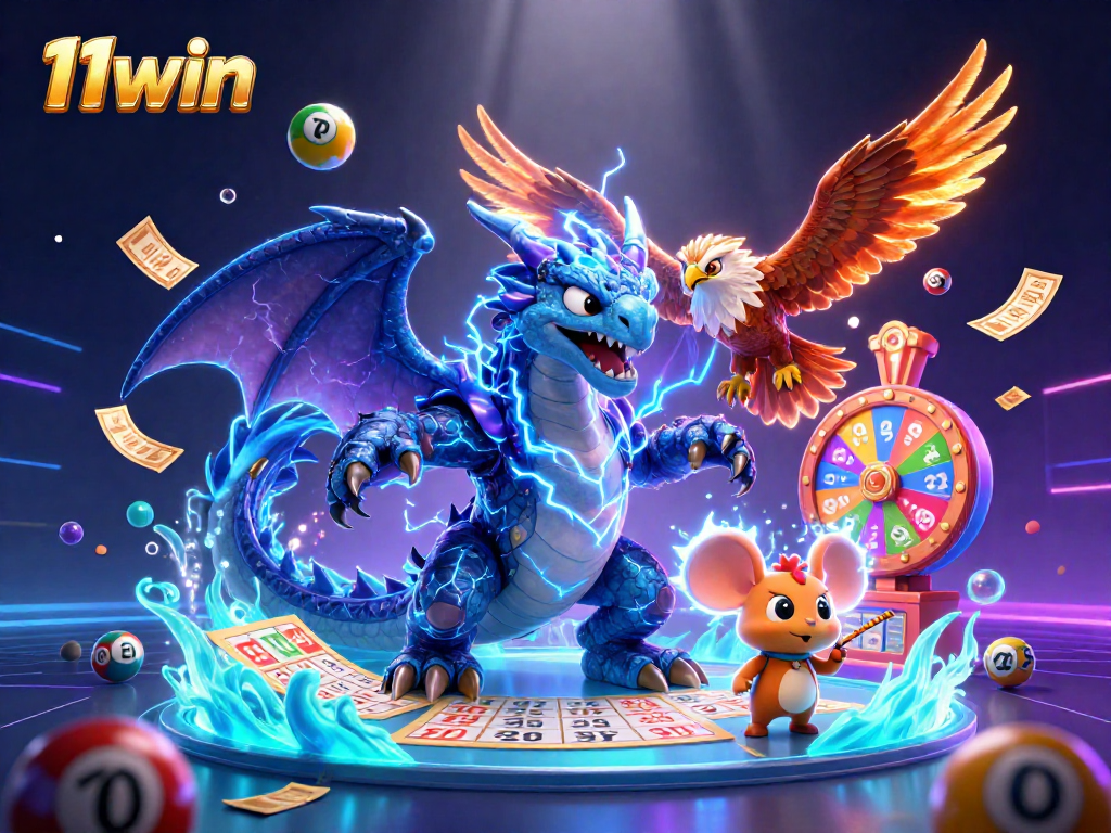 Engage with the thrilling world of 11win as colorful lottery balls scatter around vibrant characters in a dynamic online casino illustration.