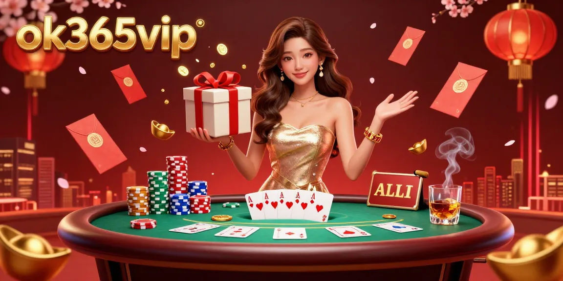 Engage with the vibrant casino scene at ok365vip featuring a stunning Asian woman amidst golden coins and poker excitement.