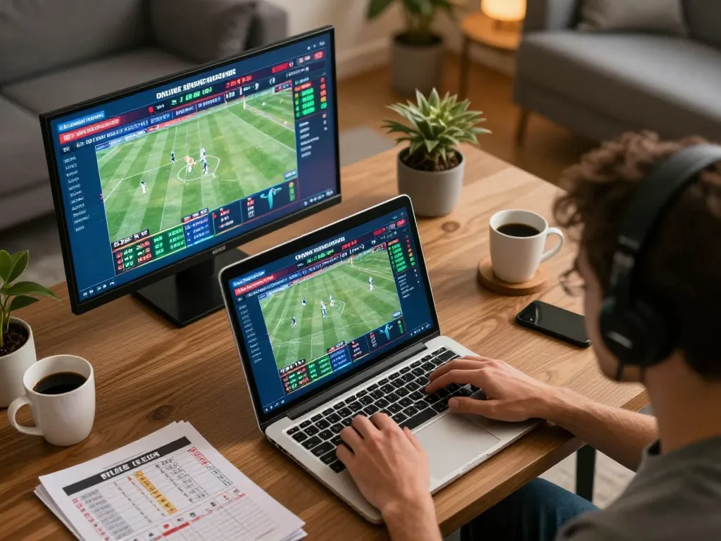 Utente coinvolto che esplora i migliori siti non AAMS per strategie di scommesse sportive su un laptop.
