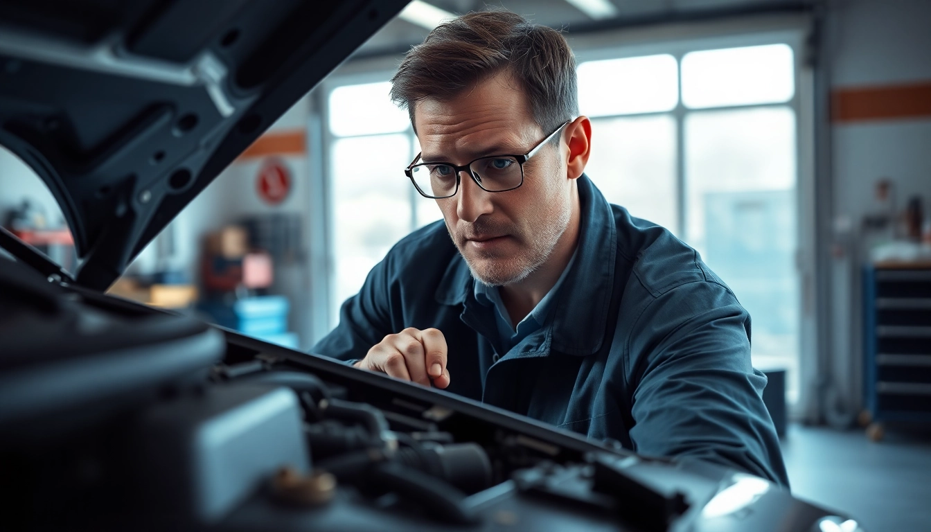 Motorschaden Ankauf: Fahrzeugbewertung durch einen Experten in einer aufgeräumten Garage.