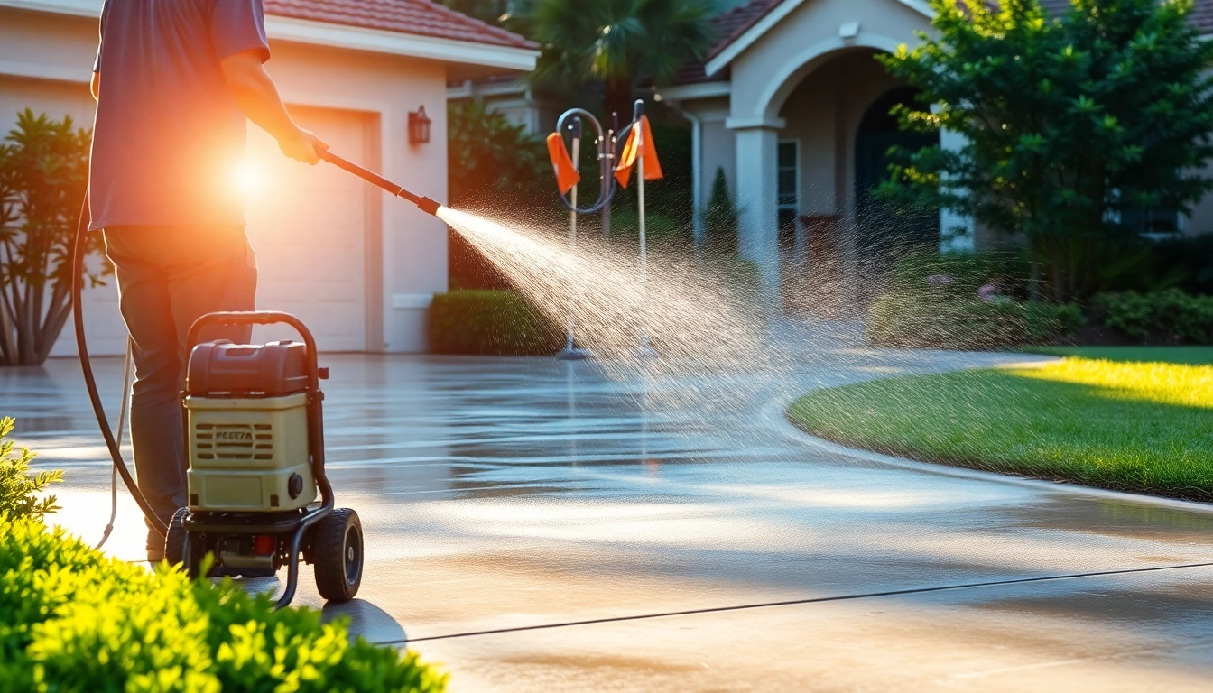 Driveway pressure wash by professionals rejuvenating concrete in Kissimmee, FL.