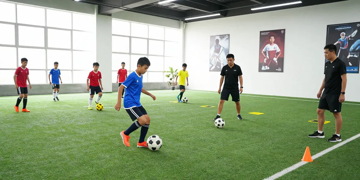 Trainingsball Fußball in einem modernen Fußballtrainingszentrum mit jungen Athleten bei der Übung.