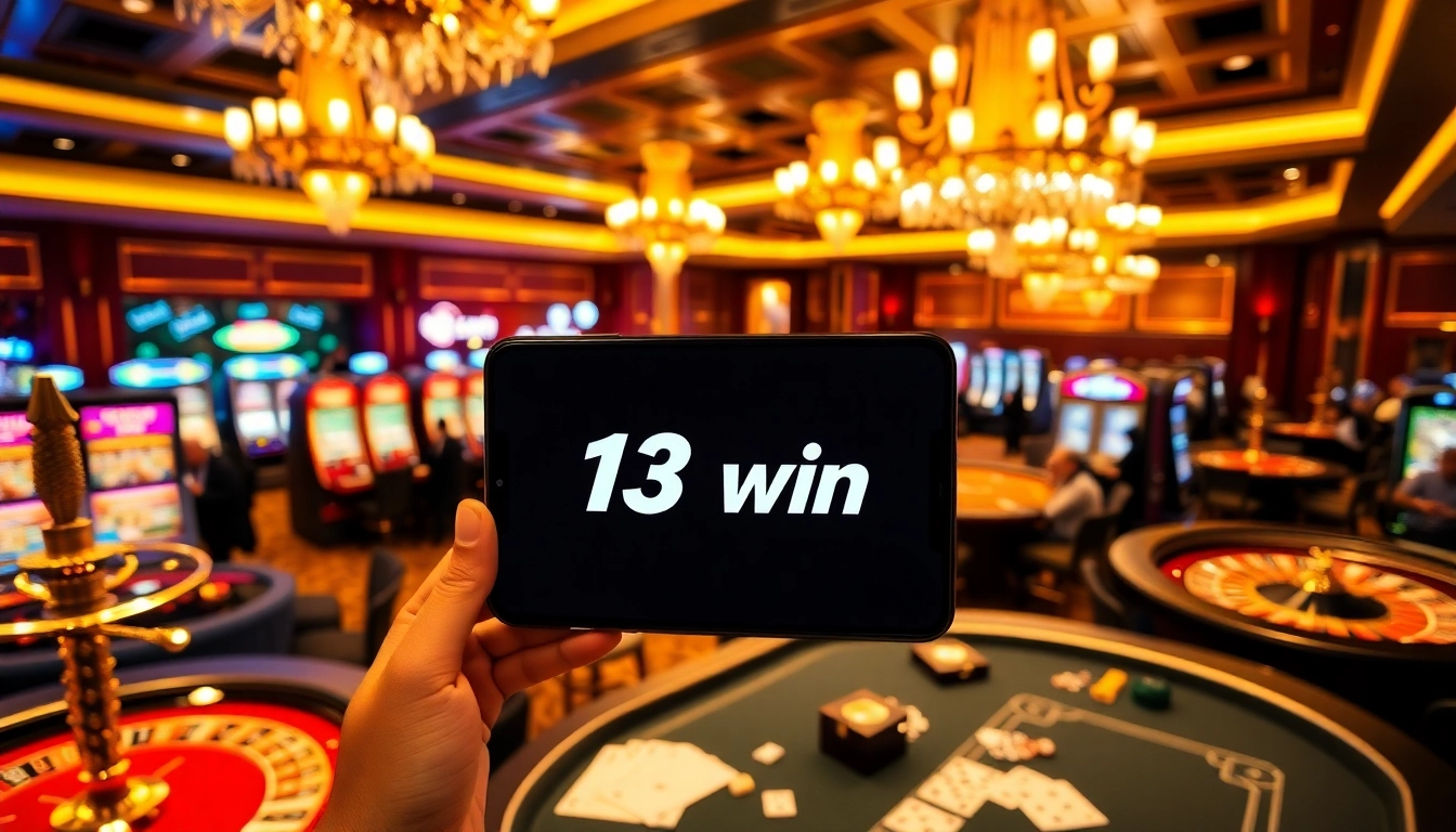 Experience exciting gameplay with the 13win app showcased at a vibrant casino scene.