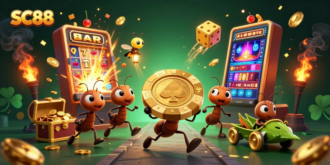 Experience thrilling SC88 casino excitement with ants heisting a giant poker chip amidst vivid game elements.