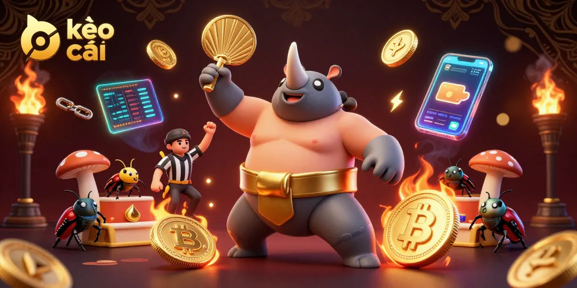Engage in exciting kèo nhà cái action as a sumo champion beetle stomps coins amidst vibrant crypto elements.
