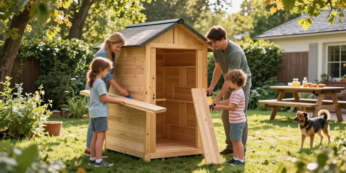Familie baut gemeinsam ein Gartenhaus im Garten auf, umgeben von Grün.