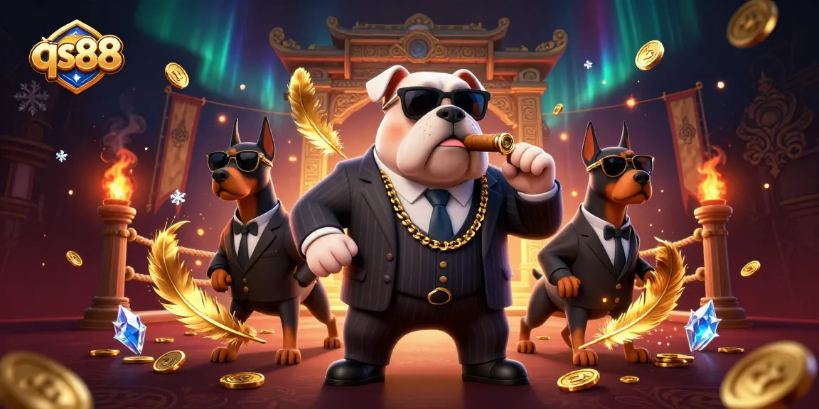 Experience thrilling qs88 casino action with a mafia boss bulldog and Doberman bodyguards in a vibrant gambling scene.