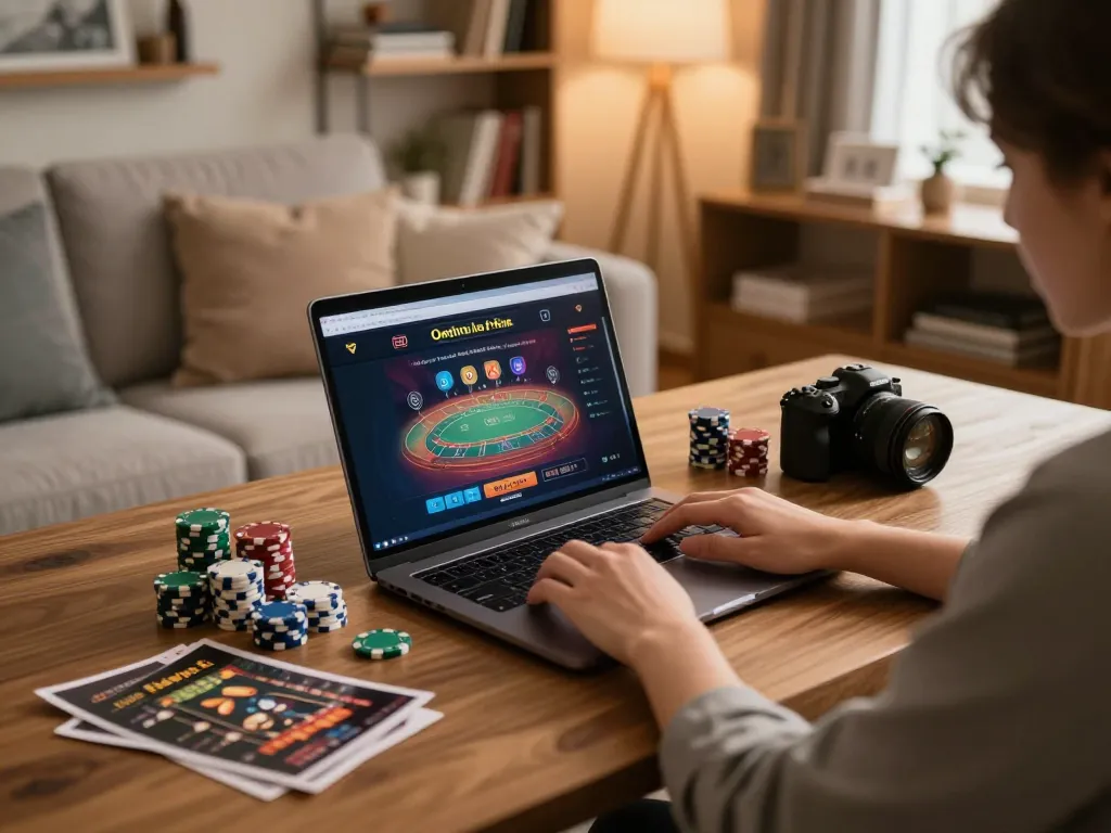 Person engaged in online gaming at dn88 com, with poker chips and strategic notes in a cozy setup.