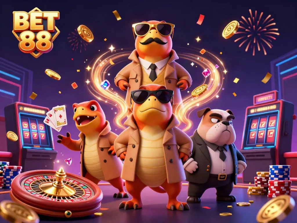 Experience the excitement of BET 88 with raptors in a casino scene filled with gold coins and sparkling gems.