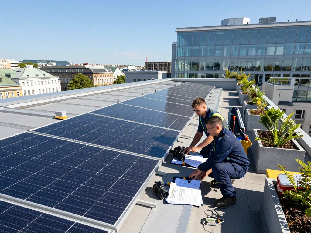 Installation von Photovoltaik in Wien auf städtischen Dächern, Techniker arbeiten an Solarmodulen.