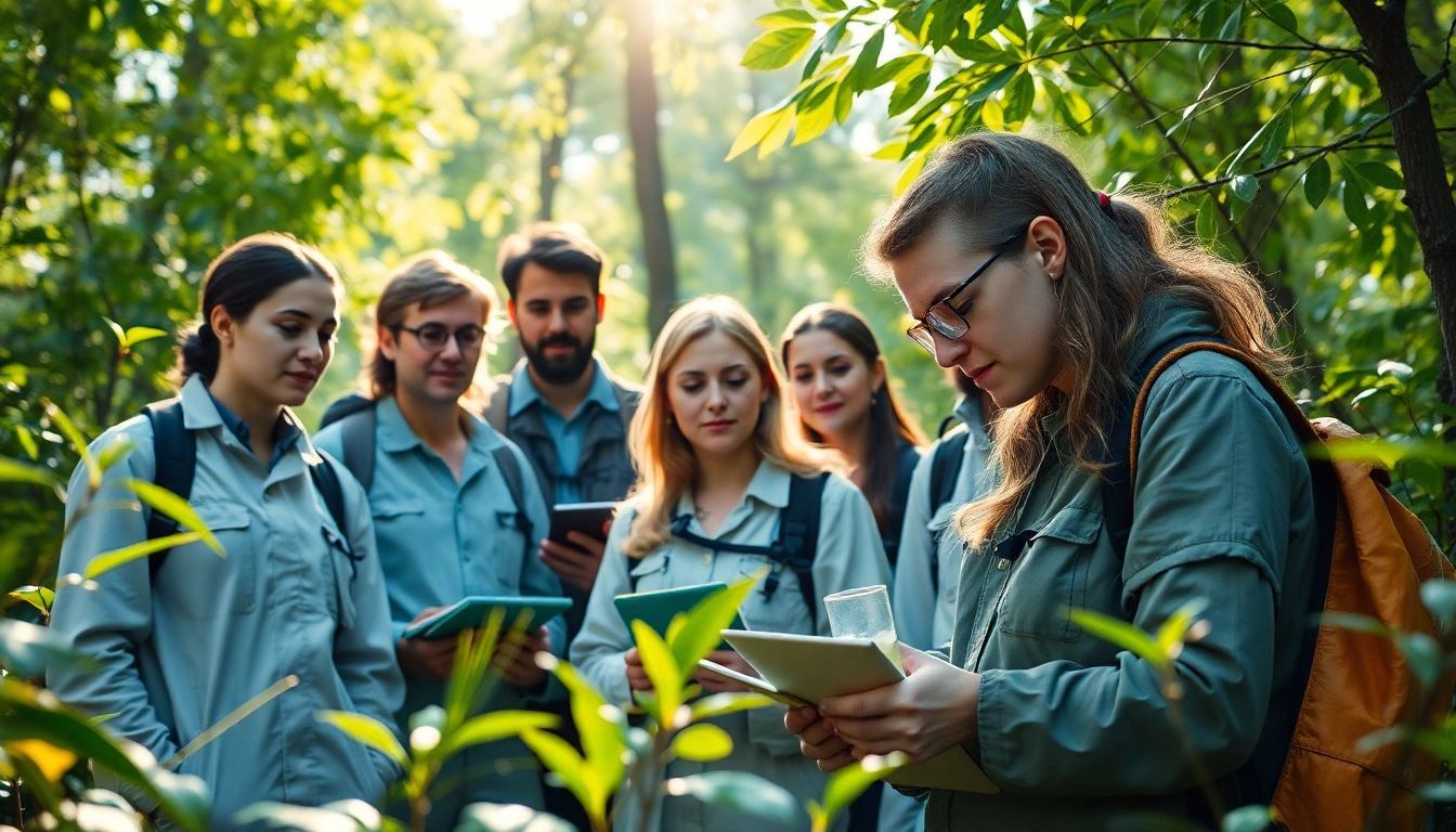 Umweltforschung im Wald, wo Forscher Feldstudien durchführen und Proben analysieren.