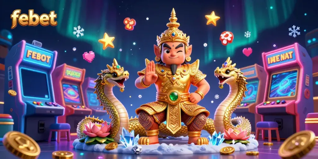 Experience thrilling casino excitement with febet’s unique gaming illustration featuring charming characters and vibrant game elements.