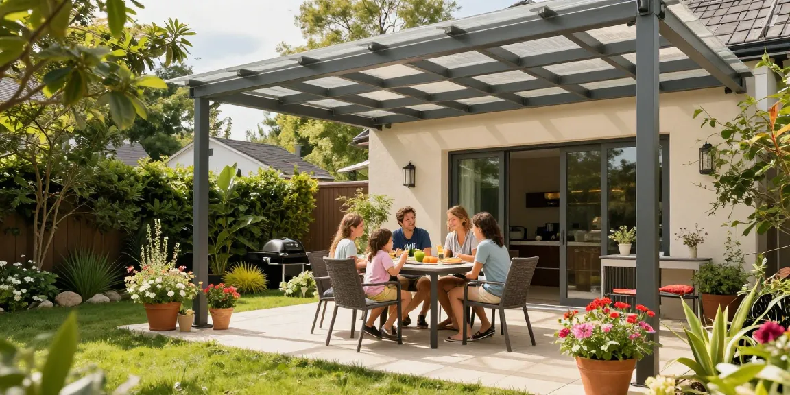 Moderne Terrassenüberdachung im Garten mit Familie, die sonnigen Tag genießen.