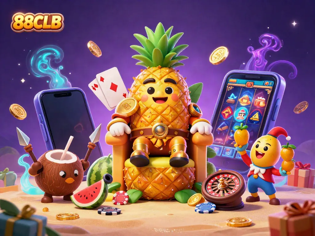 Engage in exciting gameplay with the vibrant 88CLB casino scene featuring a golden pineapple king.