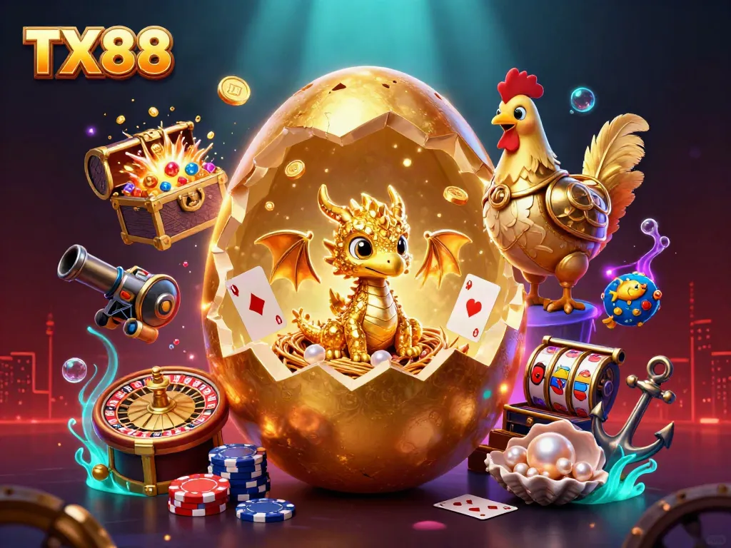 Experience winning excitement with TX88's golden dragon amidst vibrant casino elements.