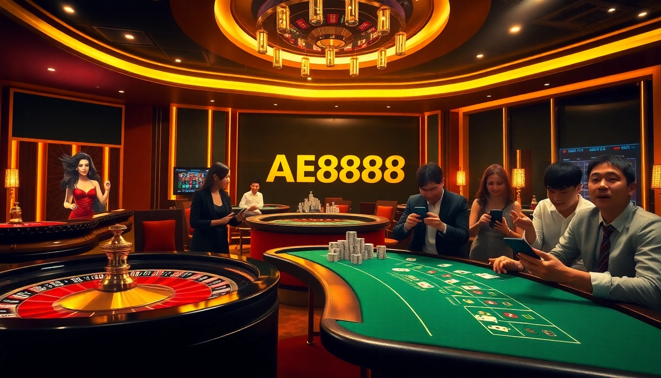 AE888 sòng bạc trực tuyến showcasing a vibrant digital casino atmosphere with players engaged in various games.