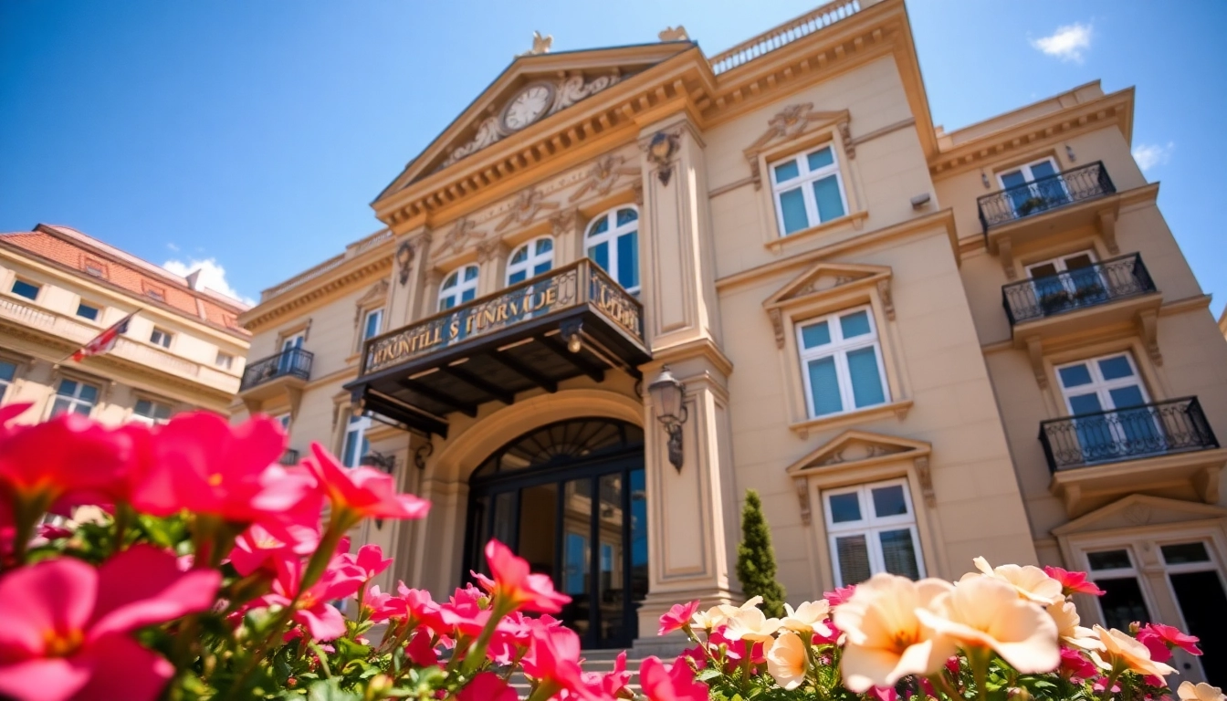 Luxurious Hotels in Porto with stunning architecture and vibrant flowers at entrance.