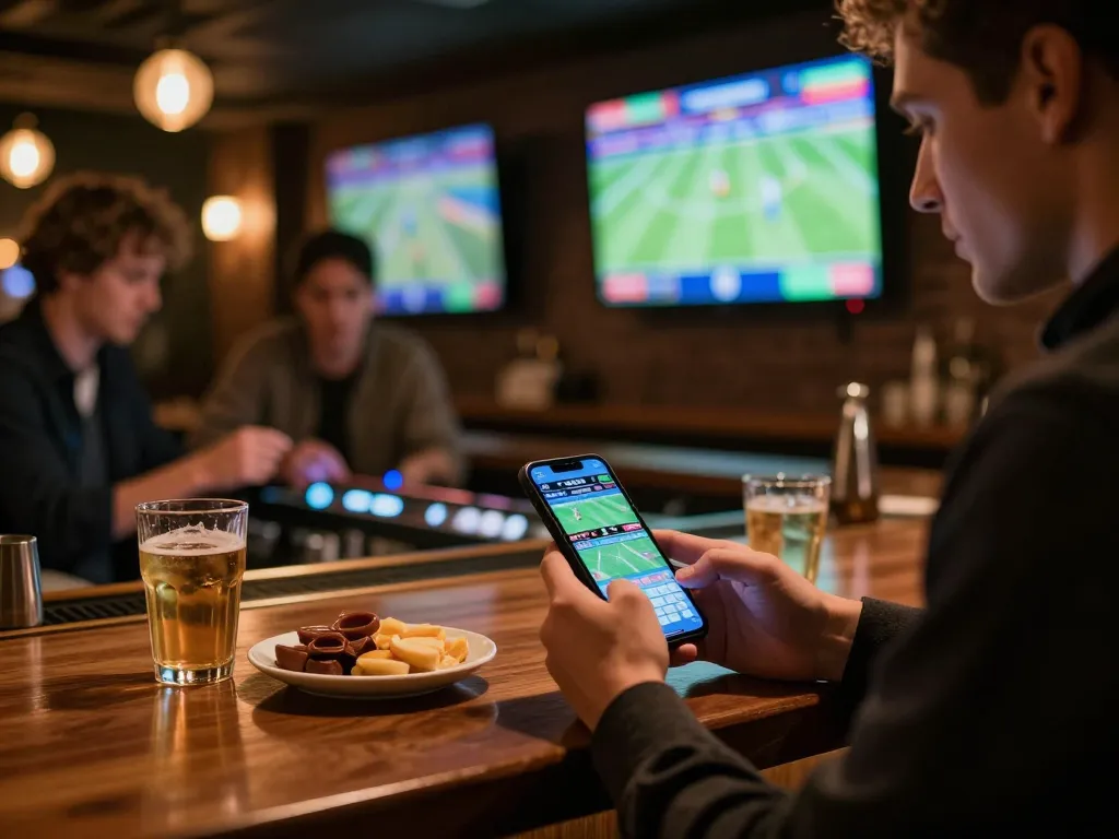 Tỷ lệ kèo nhà cái hôm nay betting live at a stylish bar with friends and screens
