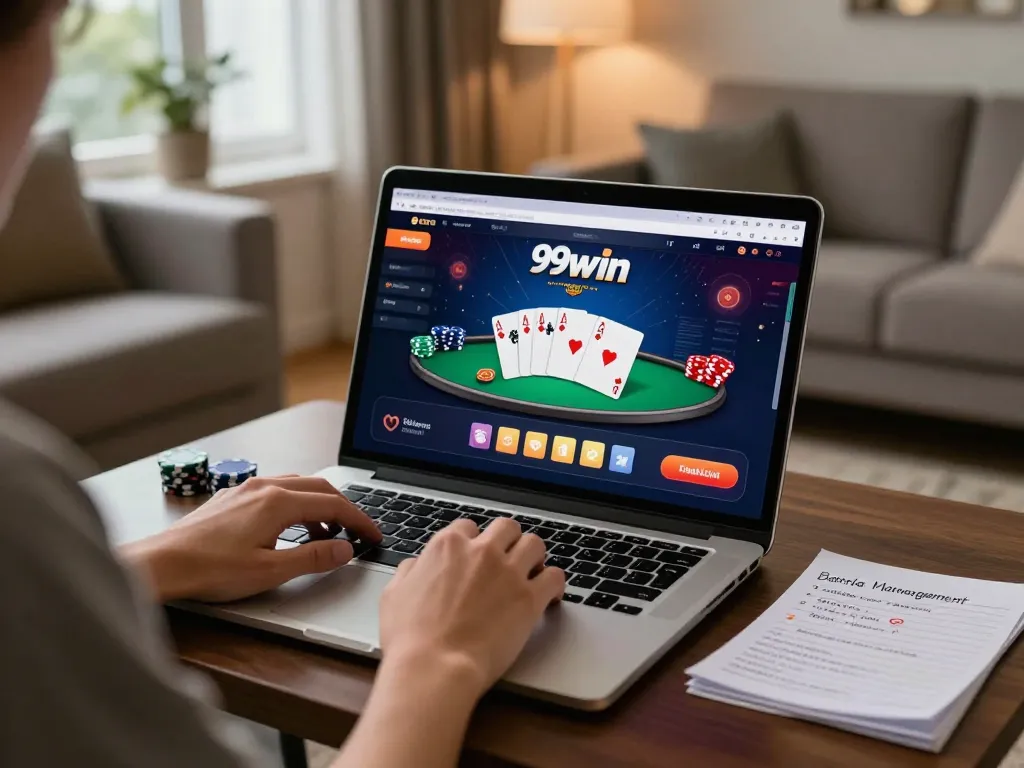 Player engaging with 99win online casino interface in a cozy living room setting.