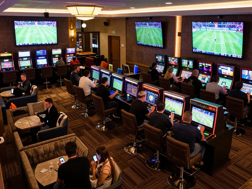 HZ88 sports betting lounge showcasing live matches and engaged bettors in a vibrant atmosphere.