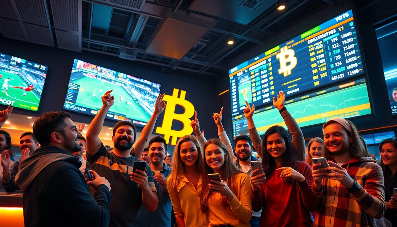 Experience the excitement of Bitcoin sports betting with diverse fans cheering in a vibrant sportsbook environment.