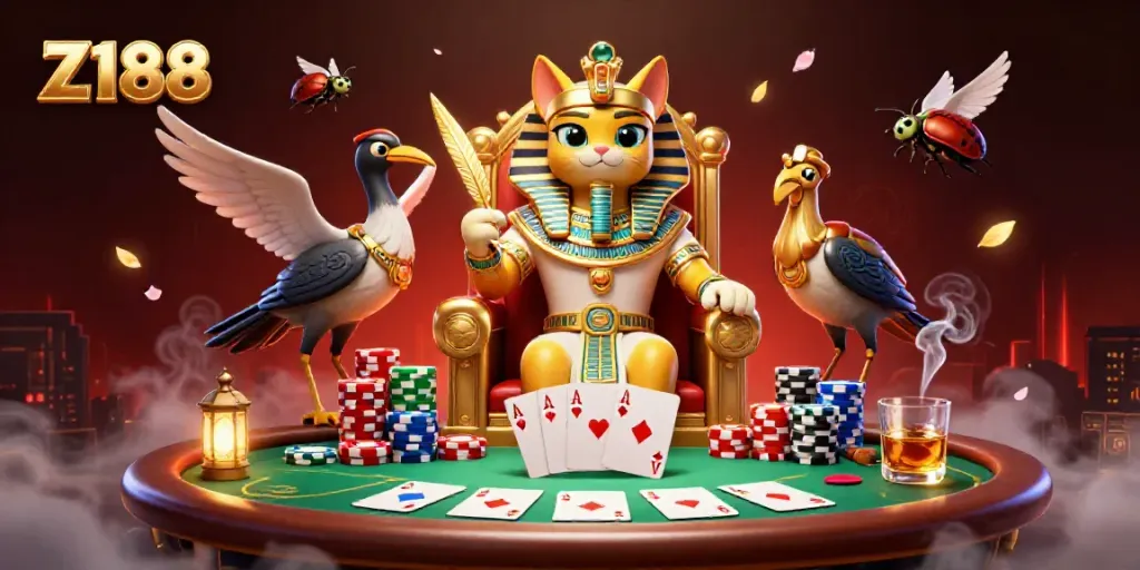 Engage in thrilling action at Z188's vibrant casino scene with lively poker elements and royal characters.